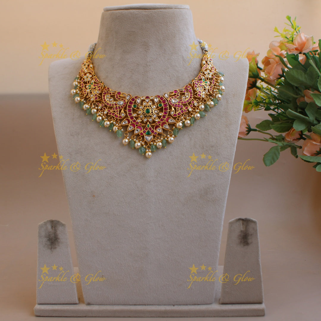 Stunning Peacock flower carved jadau short necklace with pearls and mint green beads