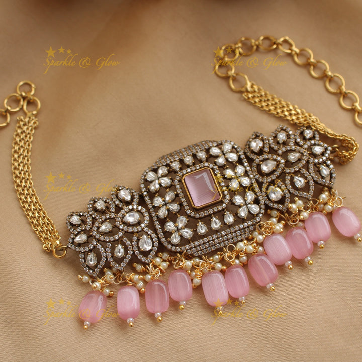 Elegant Floral and square design victorian AD choker with baby pink beads