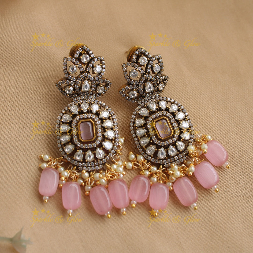 Elegant Floral and square design victorian AD choker with baby pink beads