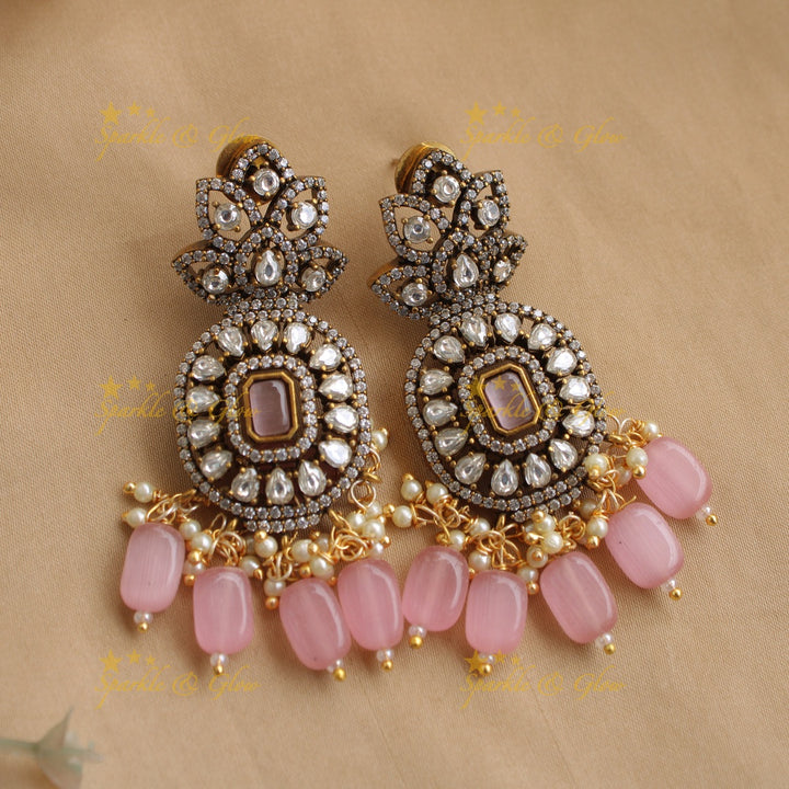 Elegant Floral and square design victorian AD choker with baby pink beads