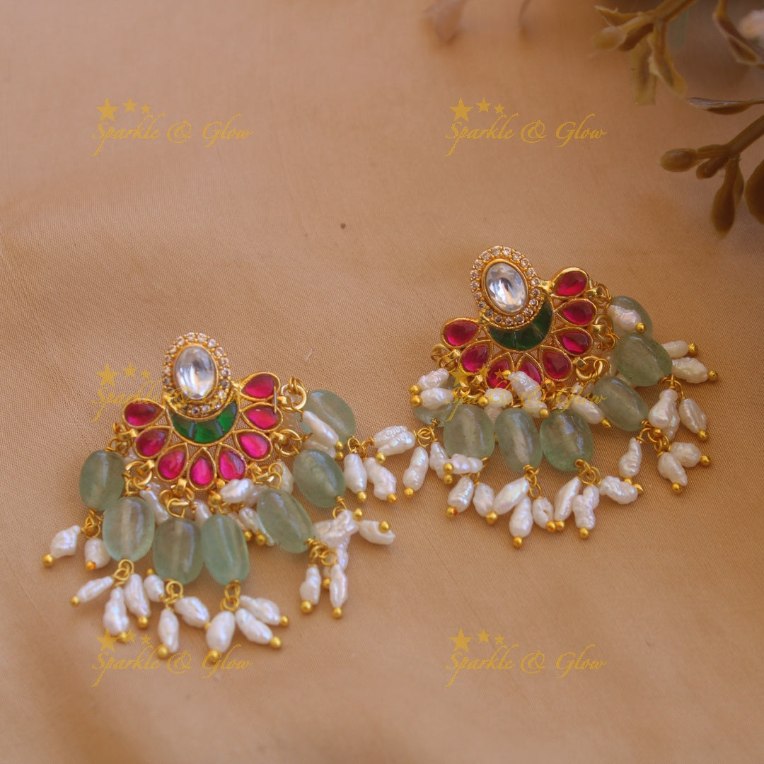 Gorgeous floral and moon design jadau long necklace with mint green beads and rice pearls