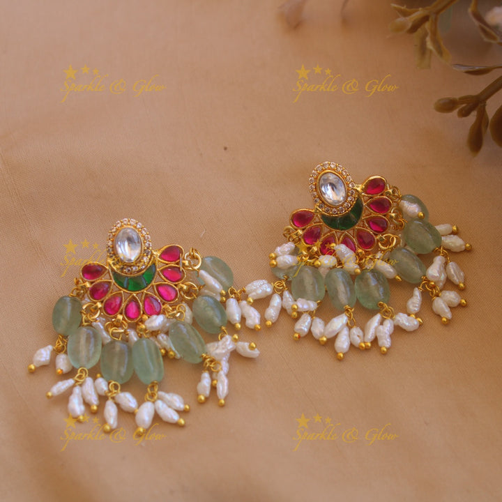 Gorgeous floral and moon design jadau long necklace with mint green beads and rice pearls