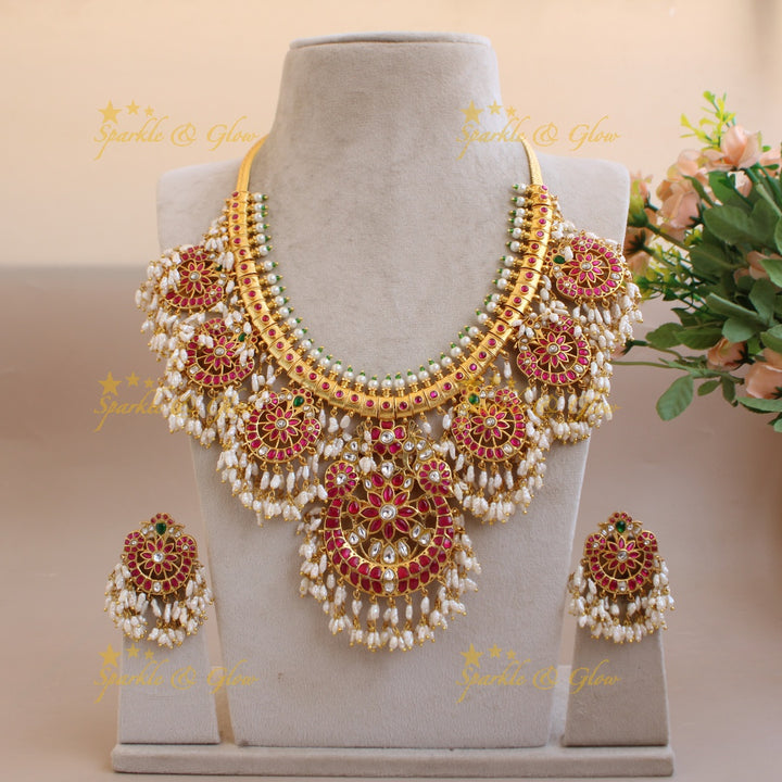 Exquisite Floral peacock half moon design jadau long necklace with rice pearls