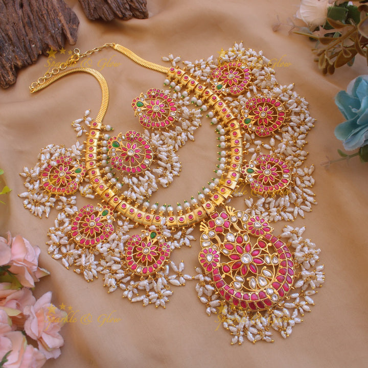 Exquisite Floral peacock half moon design jadau long necklace with rice pearls
