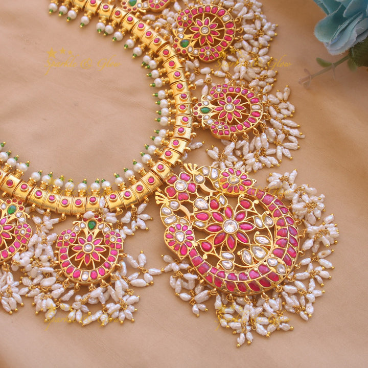 Exquisite Floral peacock half moon design jadau long necklace with rice pearls