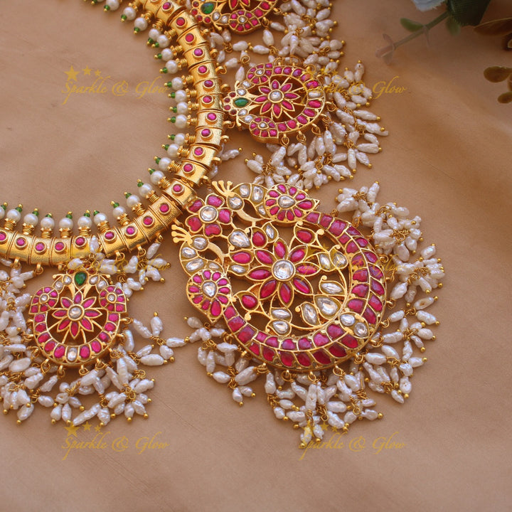 Exquisite Floral peacock half moon design jadau long necklace with rice pearls