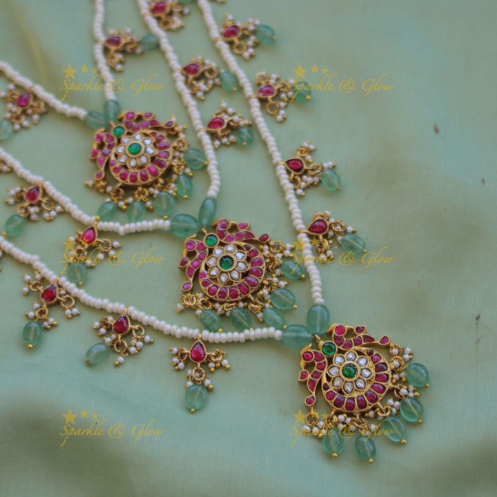 Elegant Peacock moon design three layer pearl jadau haram with mint green beads