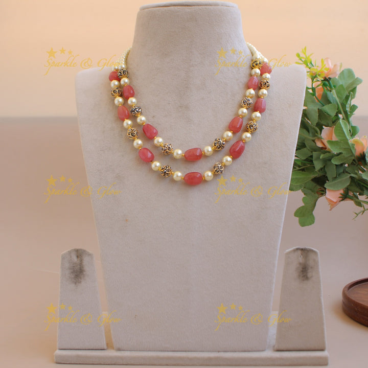 Elegant Two layer pearl and pink beads mid length haram
