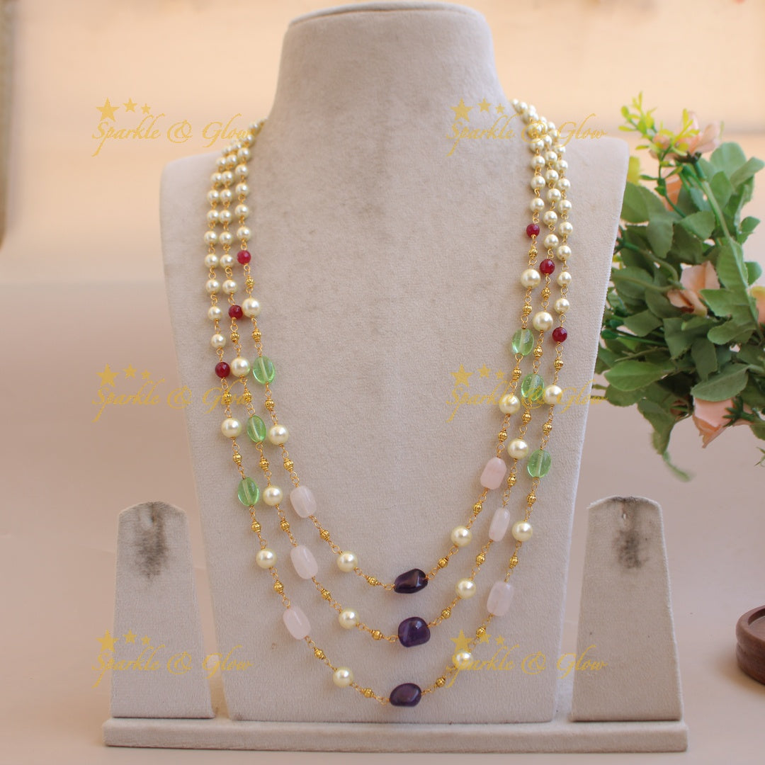 Beautiful Three layer pearl pastel and blue beads haram