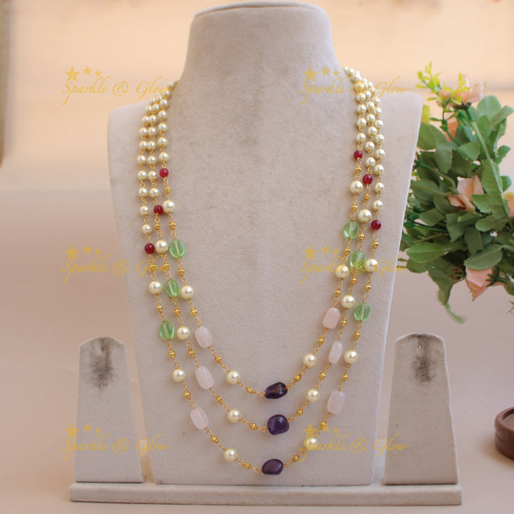 Beautiful Three layer pearl pastel and blue beads haram