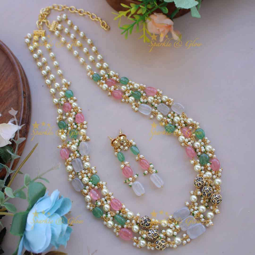 Stunning Three layer pearl and pastel beads haram with cluster pearl
