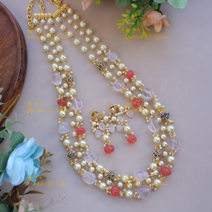 Exclusive Three layer pearl and pumpkin beads haram with cluster pearl - Sparkle and Glow - Back Thread - 