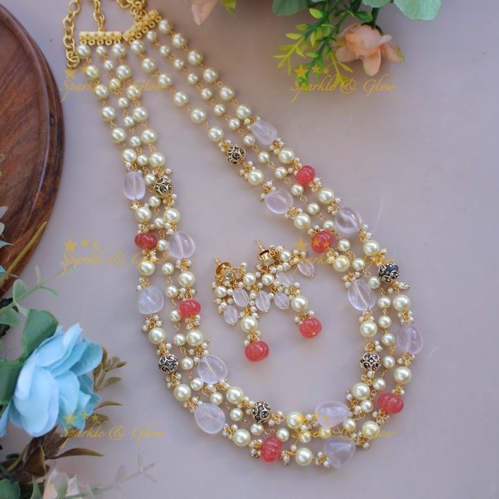 Exclusive Three layer pearl and pumpkin beads haram with cluster pearl - green white