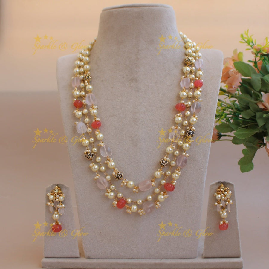 Exclusive Three layer pearl and pumpkin beads haram with cluster pearl - Sparkle and Glow - Back Thread - 