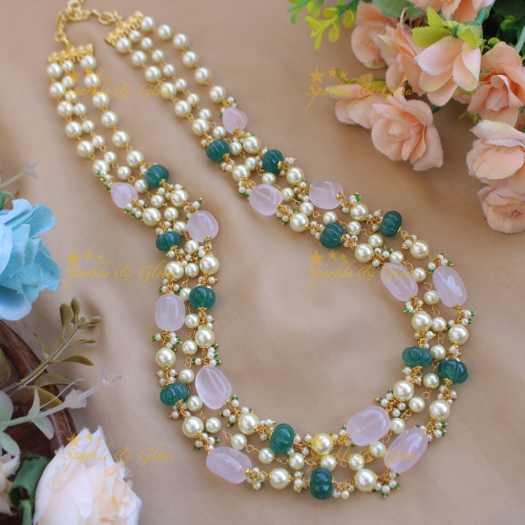 Exclusive Three layer pearl and pumpkin beads haram with cluster pearl - green white