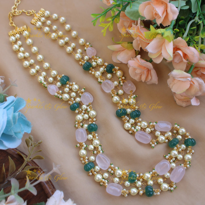 Exclusive Three layer pearl and pumpkin beads haram with cluster pearl - green white