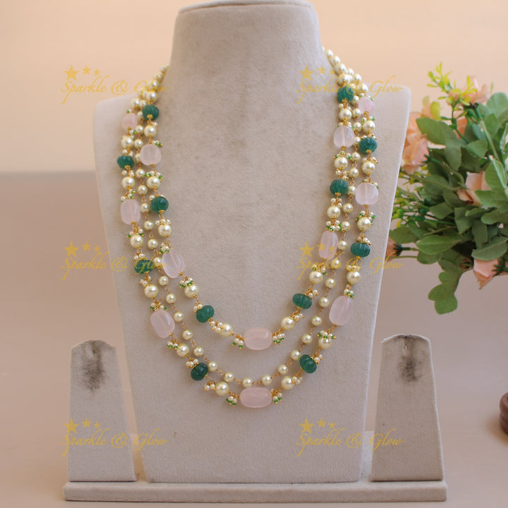 Exclusive Three layer pearl and pumpkin beads haram with cluster pearl - green white