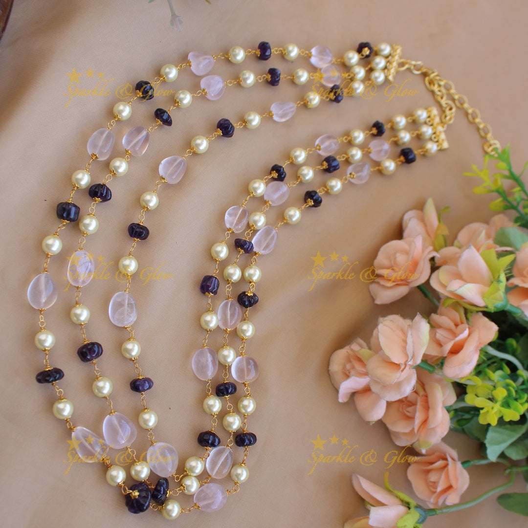 Elegant Three layer pearl white and blue pumpkin beads haram