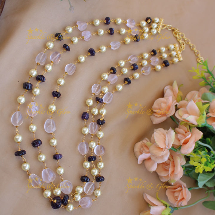 Elegant Three layer pearl white and blue pumpkin beads haram
