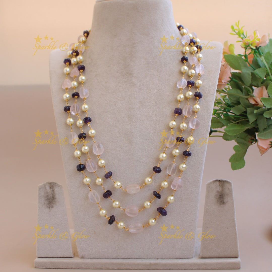 Elegant Three layer pearl white and blue pumpkin beads haram