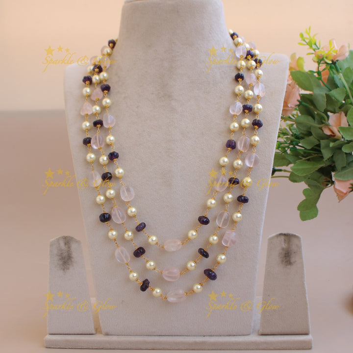 Elegant Three layer pearl white and blue pumpkin beads haram