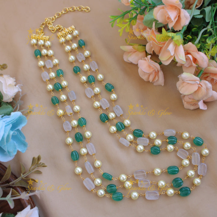 Beautiful Three layer pearl white and green green beads haram