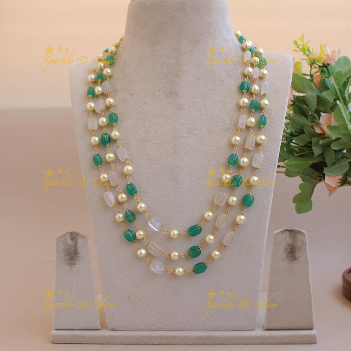 Beautiful Three layer pearl white and green green beads haram