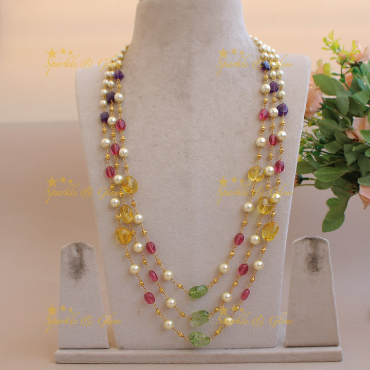 Gorgeous Three layer pearl gold and multi colour beads haram