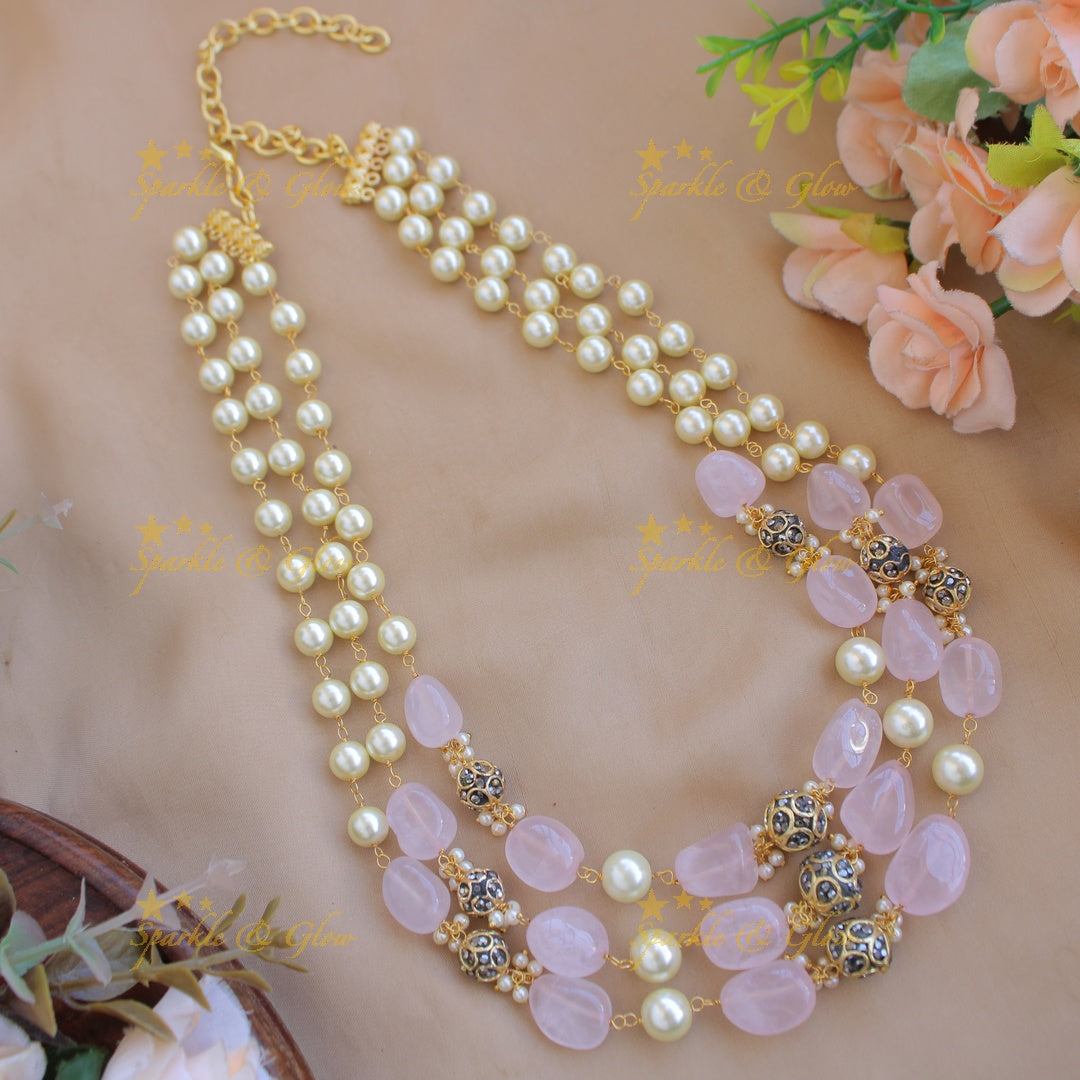 Statement Three layer pearl and baby pink beads haram