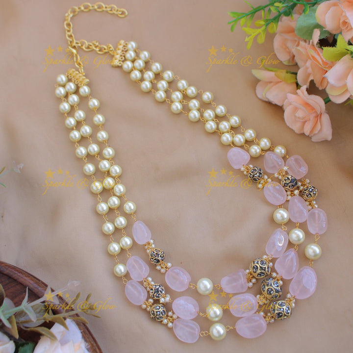 Statement Three layer pearl and baby pink beads haram
