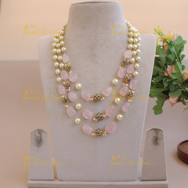 Statement Three layer pearl and baby pink beads haram