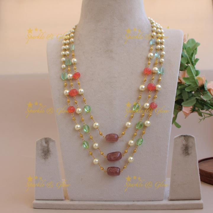 Grand Three layer pearl gold and multi colour beads haram with red pumpkin beads
