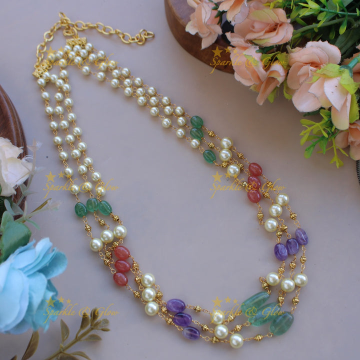 Gorgeous Three layer pearl and multi colour beads haram with gold beads - multi2