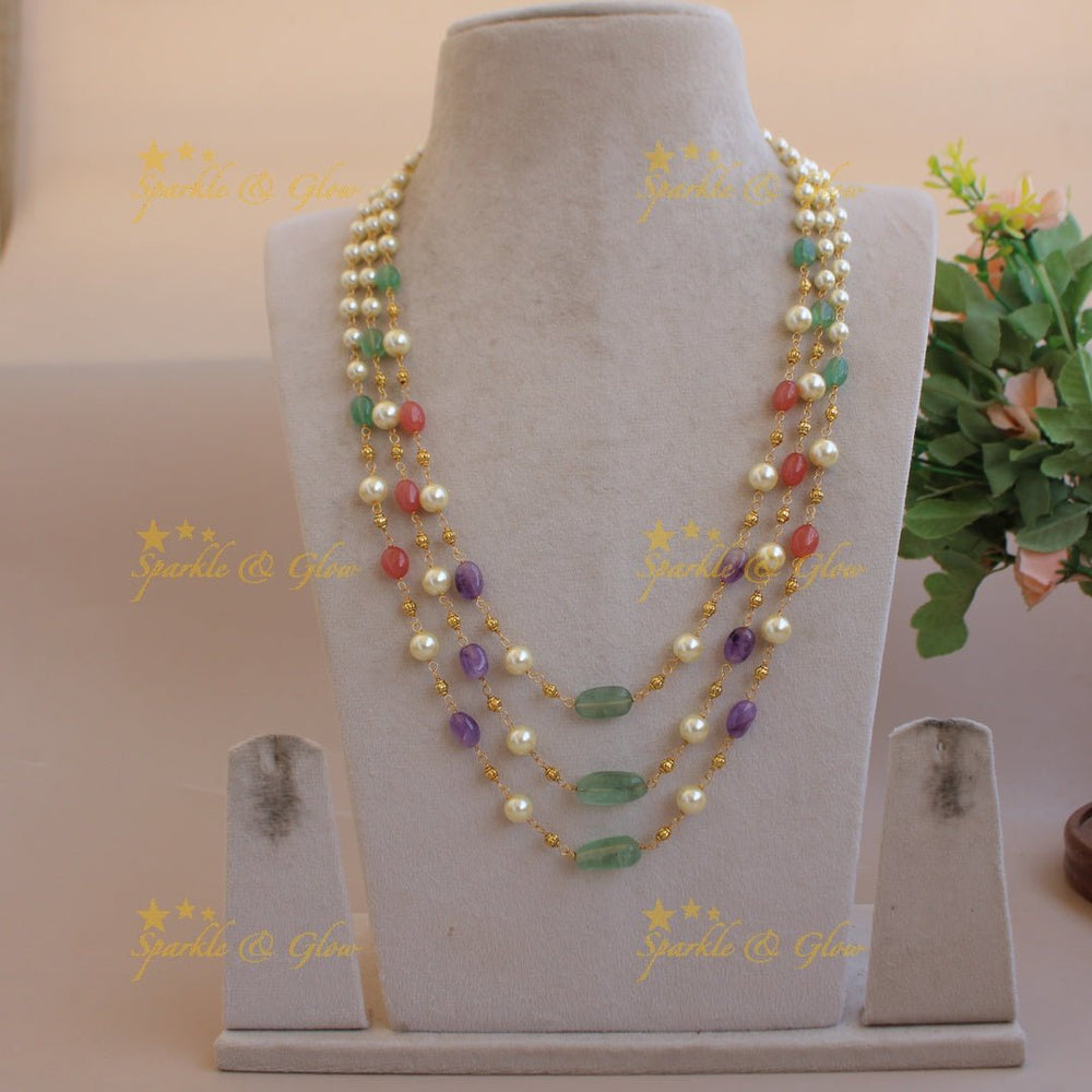 Gorgeous Three layer pearl and multi colour beads haram with gold beads - Sparkle and Glow - Back Thread - 