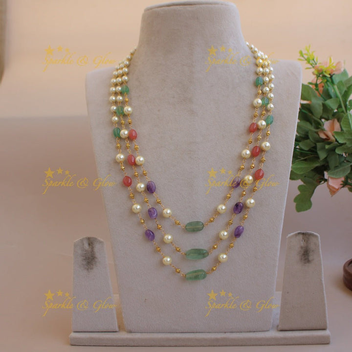 Gorgeous Three layer pearl and multi colour beads haram with gold beads - Sparkle and Glow - Back Thread - 