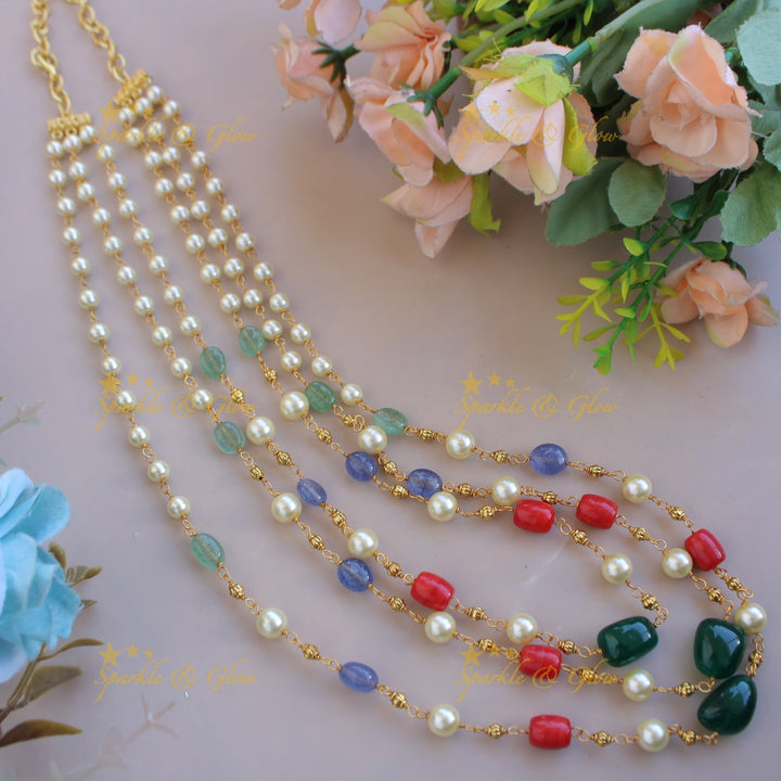 Gorgeous Three layer pearl and multi colour beads haram with gold beads - multi2