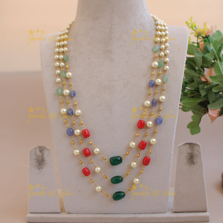 Gorgeous Three layer pearl and multi colour beads haram with gold beads - multi2