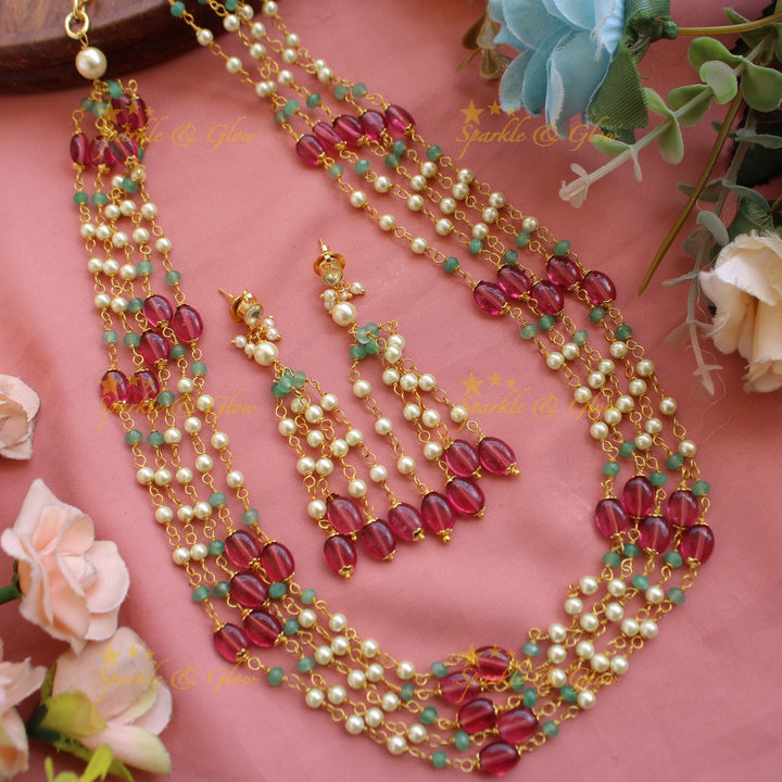 Grand Five layer pearl haram with pink and mint green beads
