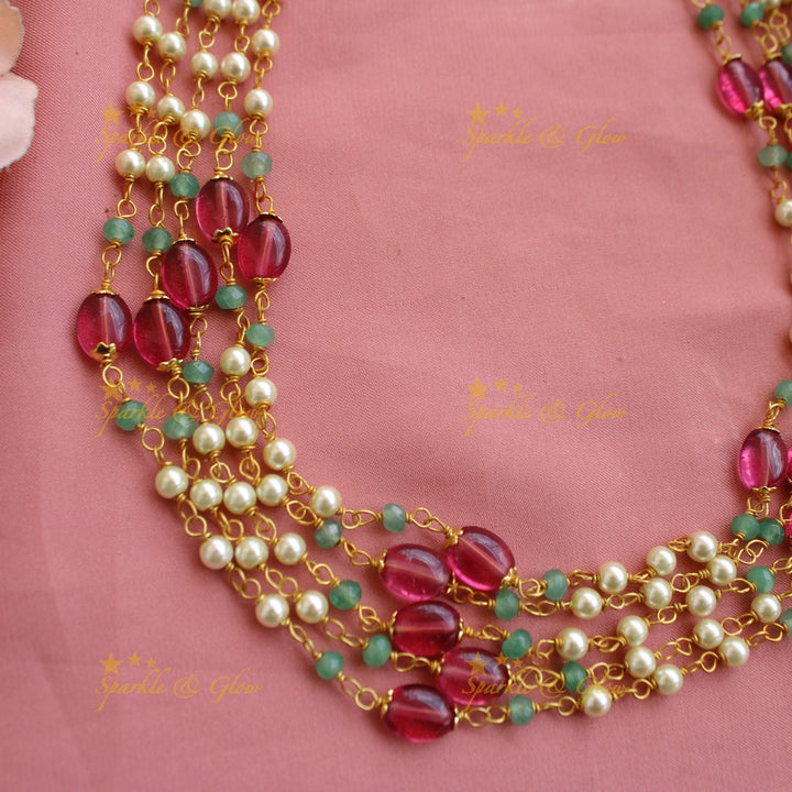 Grand Five layer pearl haram with pink and mint green beads