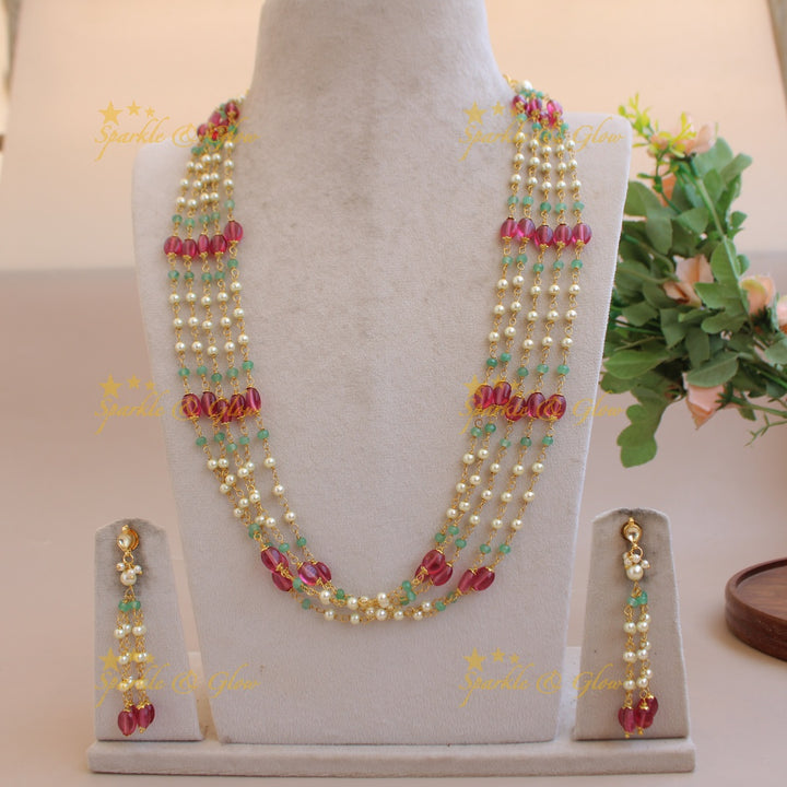 Grand Five layer pearl haram with pink and mint green beads