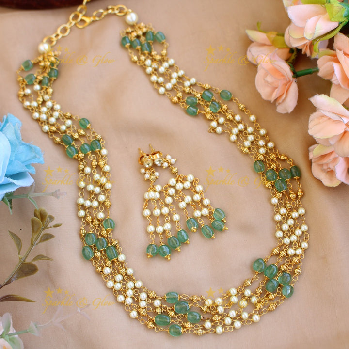 Stunning Five layer pearl haram with green and gold beads