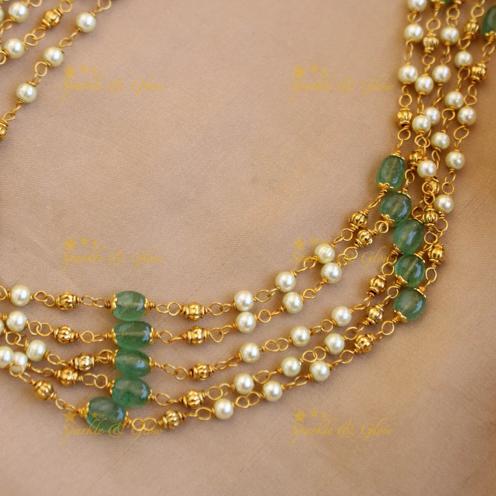 Stunning Five layer pearl haram with green and gold beads - Sparkle and Glow