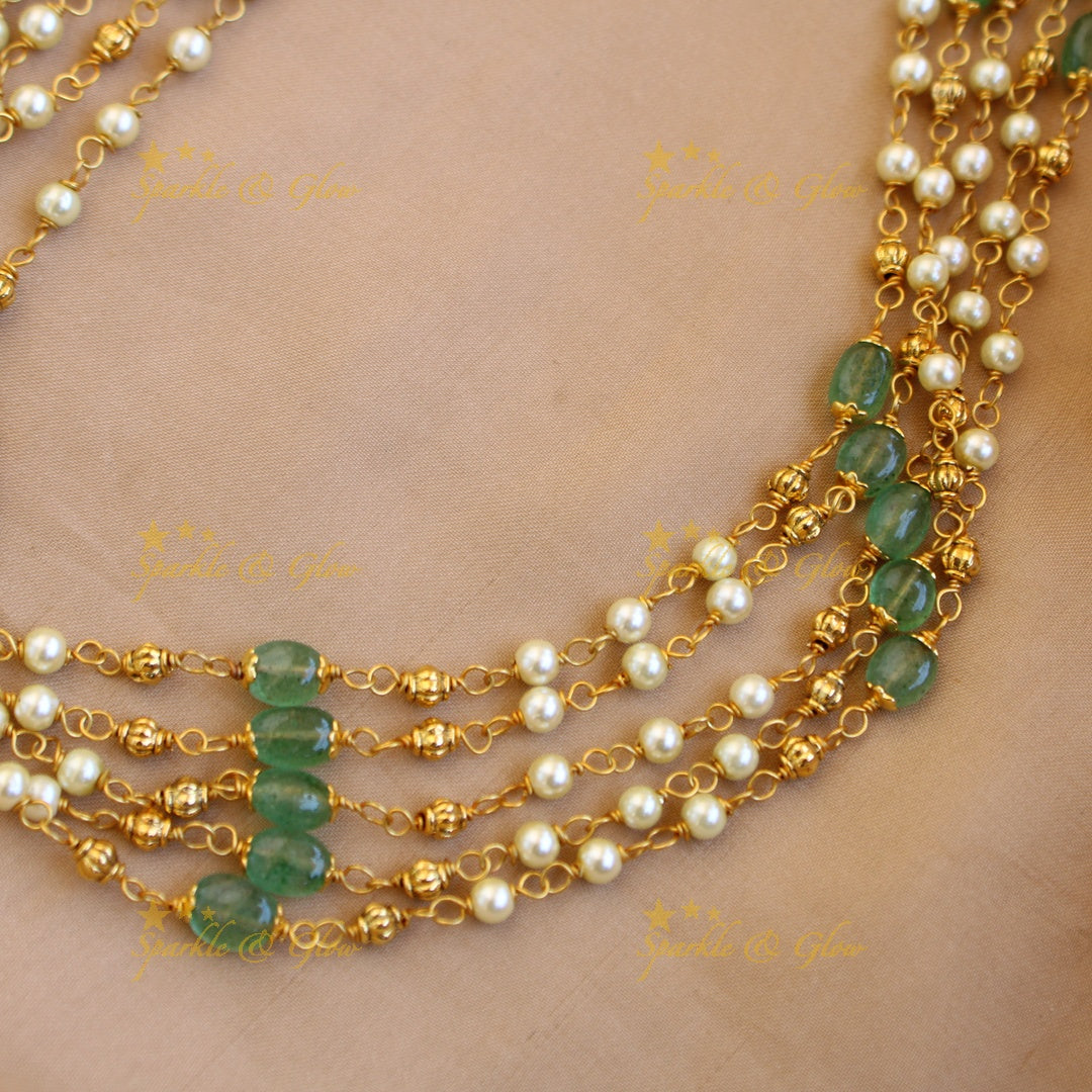 Stunning Five layer pearl haram with green and gold beads
