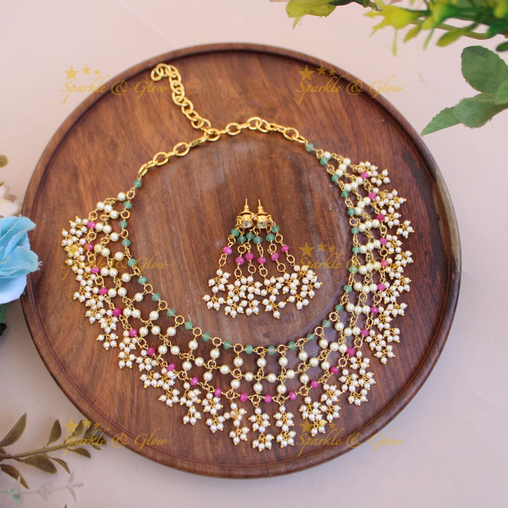 Elegant layer pearls pink and mint green beads gutta pusalu short necklace
