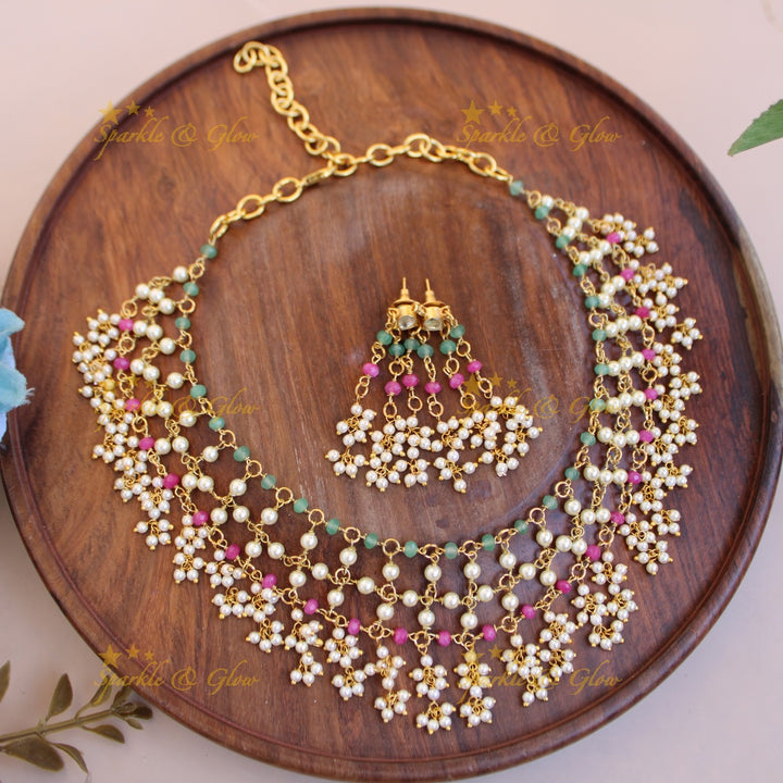 Elegant layer pearls pink and mint green beads gutta pusalu short necklace