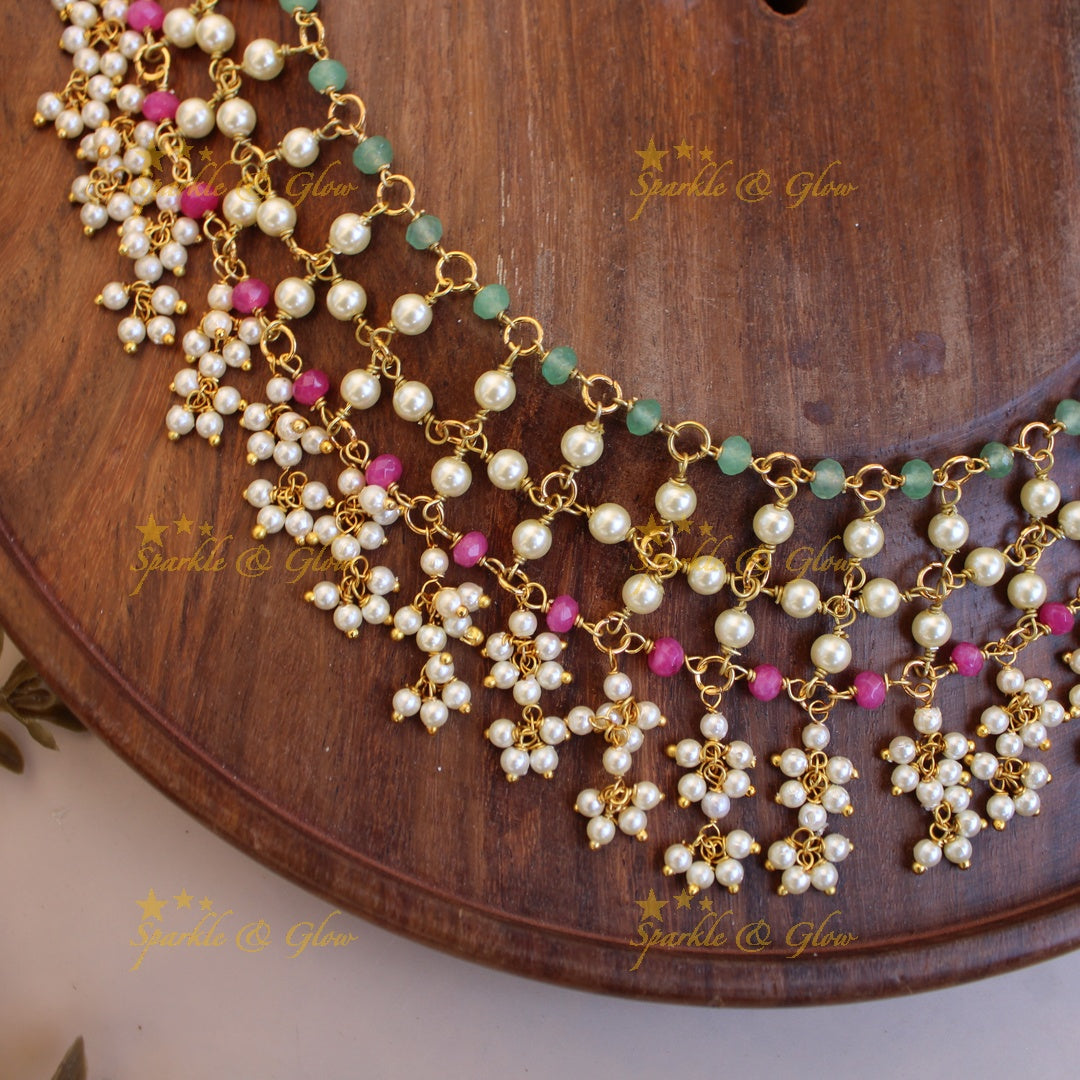 Elegant layer pearls pink and mint green beads gutta pusalu short necklace