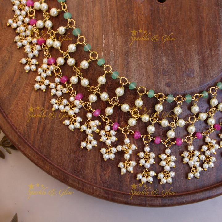 Elegant layer pearls pink and mint green beads gutta pusalu short necklace