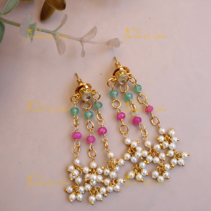 Elegant layer pearls pink and mint green beads gutta pusalu short necklace