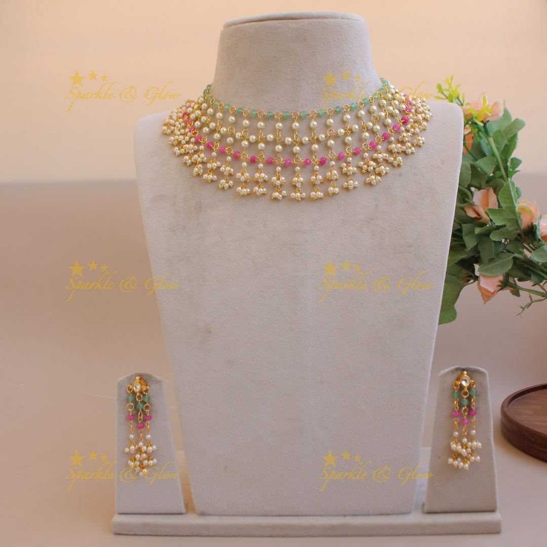 Elegant layer pearls pink and mint green beads gutta pusalu short necklace