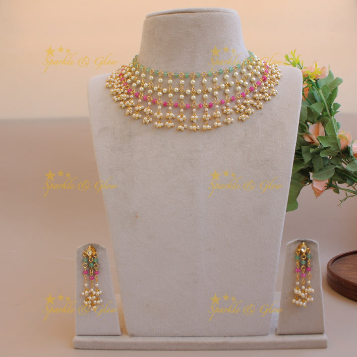 Elegant layer pearls pink and mint green beads gutta pusalu short necklace